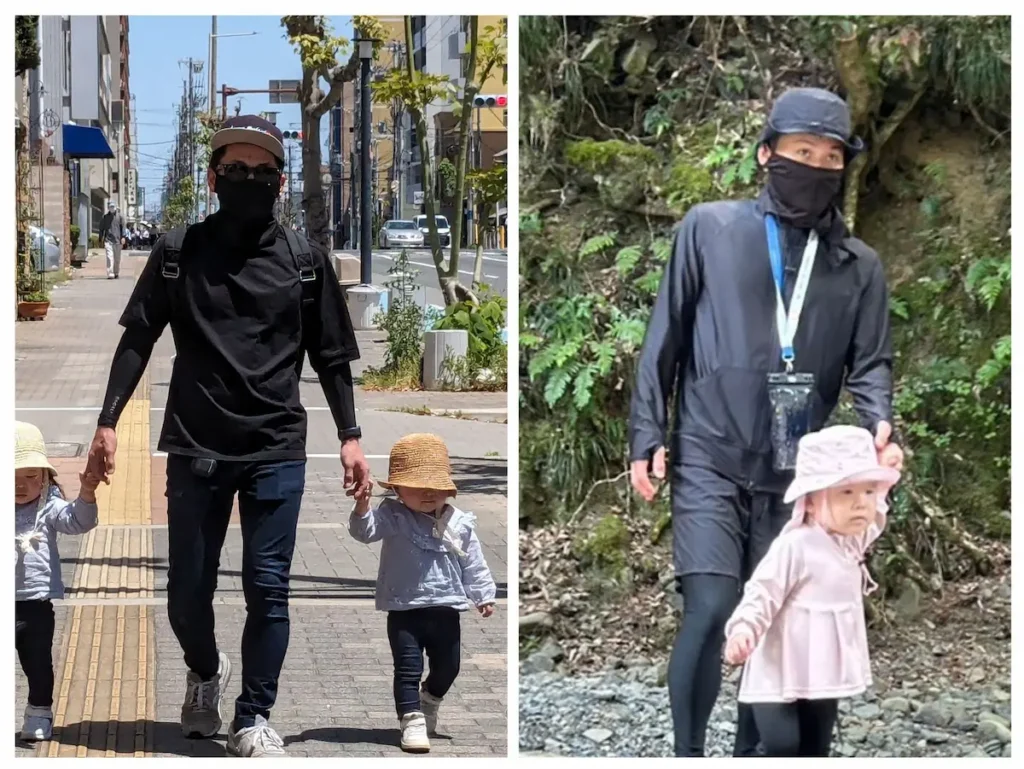 子どもを連れて歩くお父ちゃん